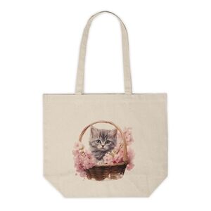 Floral Cat in a Basket Custom Canvas Tote Bag